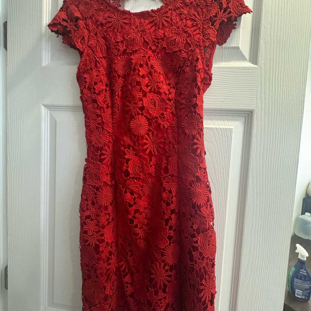 Lulu's Vibrant Red Floral Lace Backless Dress